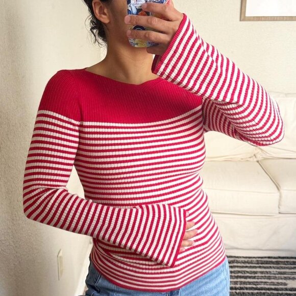 LOFT Red and White Striped Knit Boatneck Flare Sleeve Sweater Top - Picture 3 of 9